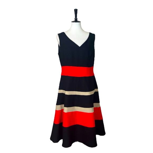 Evan Picone Black Label Dres A-line V-neck Black Red Colorblock Women’s Size 12 - Picture 1 of 11